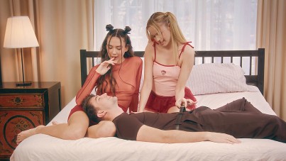 Lucky Poor Boy's Sensual Pampering from Busty Blonde and Brunette Babes