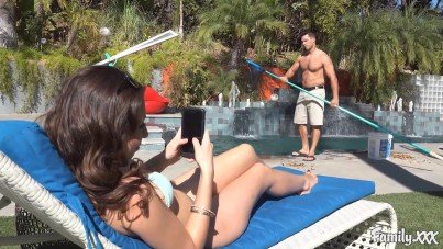 Teen Brunette Melissa Moore Seduces Her Stepdad While He Cleans the Pool