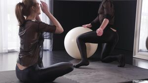 Intense Lesbian Workout with Strapless Dildos