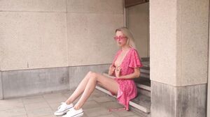 Summer's Sizzling Solo Show in a Pink Dress - Outdoor Public Delight