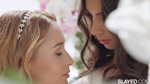 Blonde and Brunette Beauties in a Seductive Public Encounter