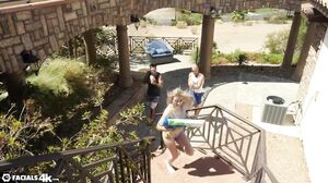 Steamy Poolside Threesome with Messy Facials and Intense Blowjobs