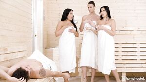 Horny Hostel Orgy: Clea Gaultier, Charlotte Lapiedra and Bebe Lola's Wild Cumshot Frenzy