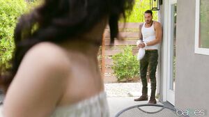 Brunette Bombshell's Deepthroat Handjob and Doggystyle Delight