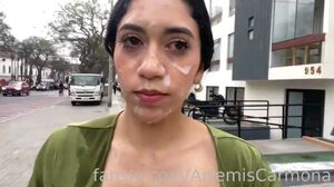 Teen Latina Gives Sloppy Blowjob and Takes a Public Cumwalk