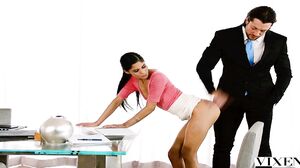 Slender office girl strips nude for her boss