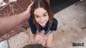 Petite Brunette Teen Waitress Sneaks Away for Her Boyfriend's Massive Sub