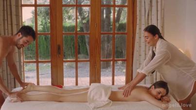 Liz Ocean and Milan Cheek's Sensual Oiled Brunette Threesome Massage
