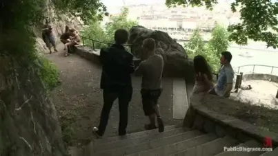 Big Natural Tits Exposed and Humiliated on the Street in Public BDSM Domination
