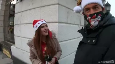 Cheating Redhead's Super Tight Pussy at Christmas Market Drains Two Guys with Early Explosive Cums