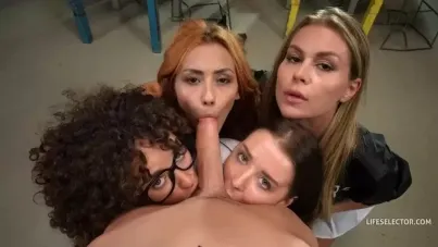 Four Sexy Stars Team Up for a Sloppy POV Orgy Blowjob with Cum Swapping and Deepthroat Action